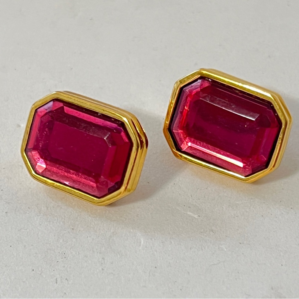 Joan Rivers Post Earrings Classics Collection Deep Pink Emerald Cut Goldtone